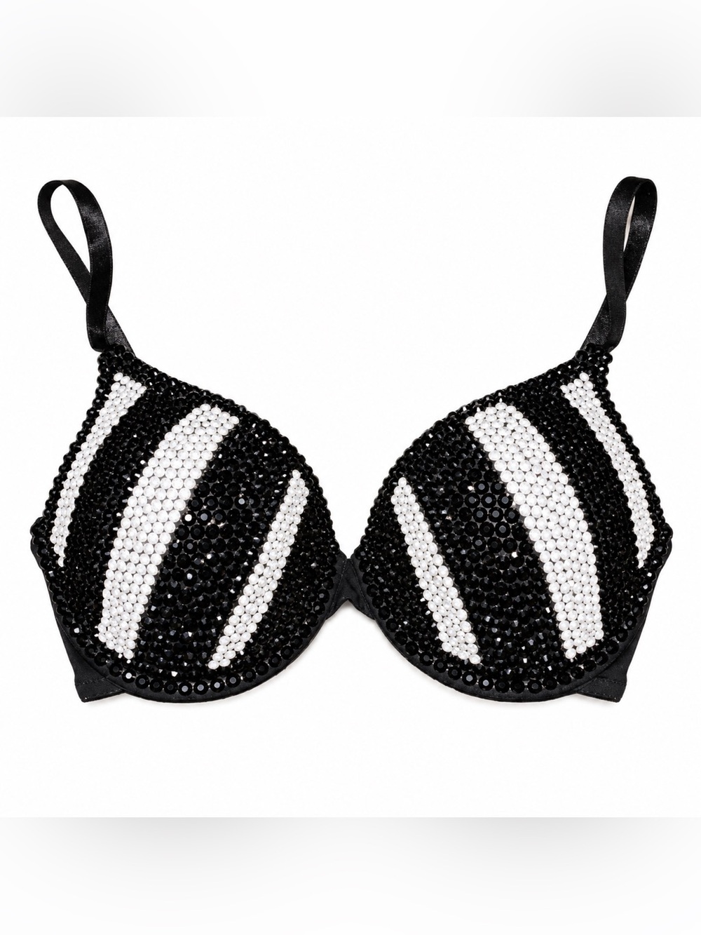 32A Pinstripes Black & White Design Rhinestone Crystal Glam Bra New